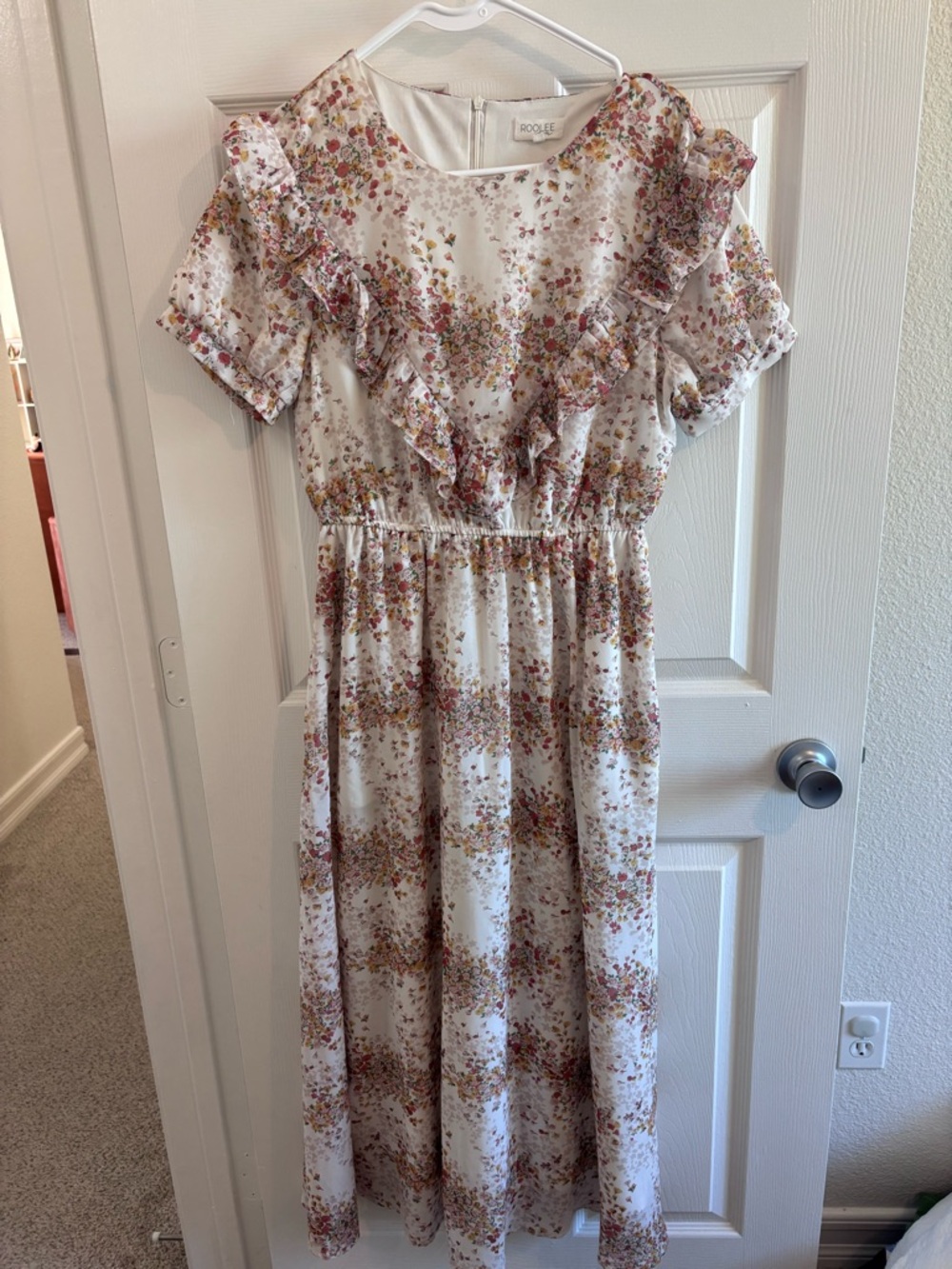Roolee Cream Floral Ruffle Dress with Pink & Brown Accents